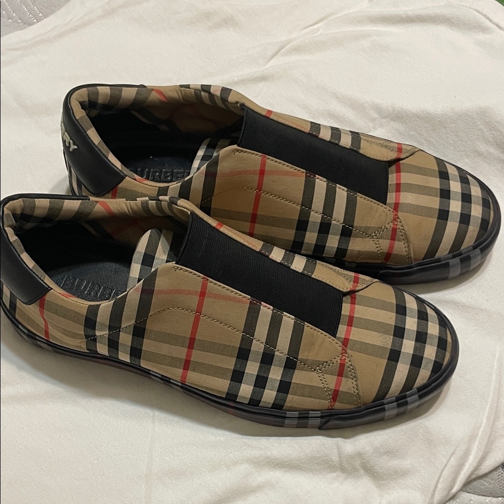 Burberry Men's Plaid Slip-On Sneakers - Black, Tan, and Red